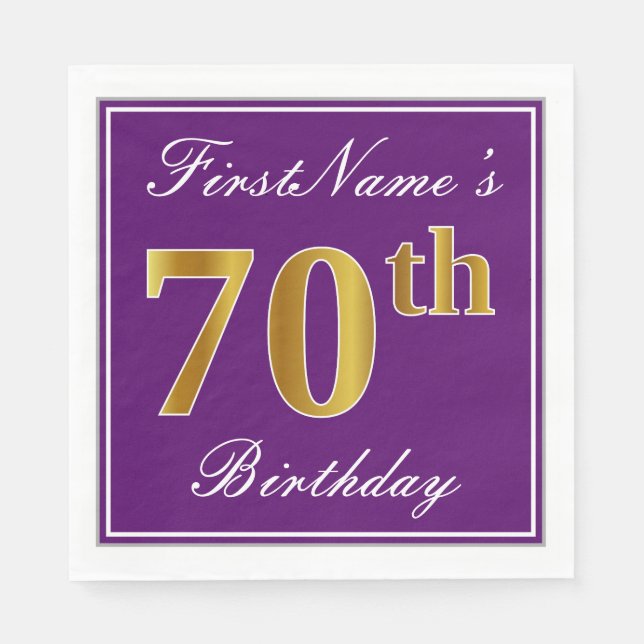 Elegant Purple, Faux Gold 70th Birthday + Name Napkin (Front)