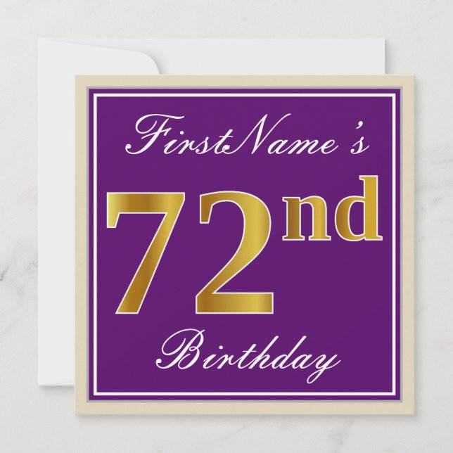 Elegant, Purple, Faux Gold 72nd Birthday + Name Invitation (Front)