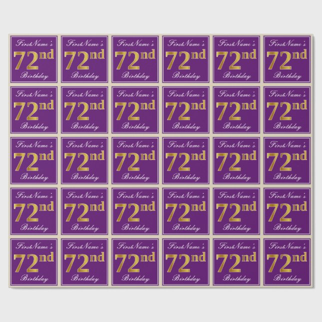 Elegant, Purple, Faux Gold 72nd Birthday + Name Wrapping Paper (Flat)