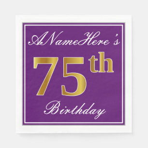Elegant Purple, Faux Gold 75th Birthday + Name Napkin