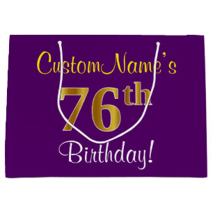Elegant, Purple, Faux Gold 76th Birthday + Name Large Gift Bag