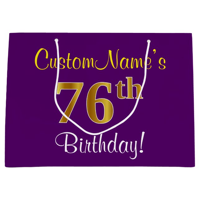 Elegant, Purple, Faux Gold 76th Birthday + Name Large Gift Bag (Front)