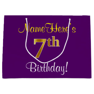 Elegant, Purple, Faux Gold 7th Birthday + Name Large Gift Bag