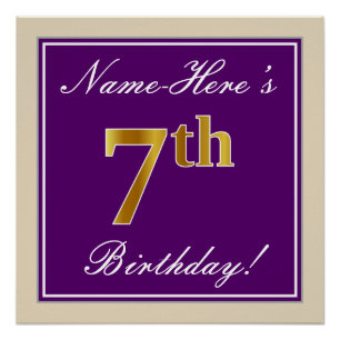 Elegant, Purple, Faux Gold 7th Birthday + Name Poster