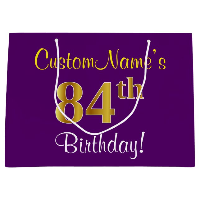 Elegant, Purple, Faux Gold 84th Birthday + Name Large Gift Bag (Front)