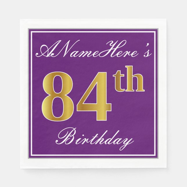 Elegant Purple, Faux Gold 84th Birthday + Name Napkin (Front)