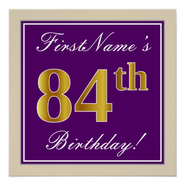 Elegant, Purple, Faux Gold 84th Birthday + Name Poster (Front)