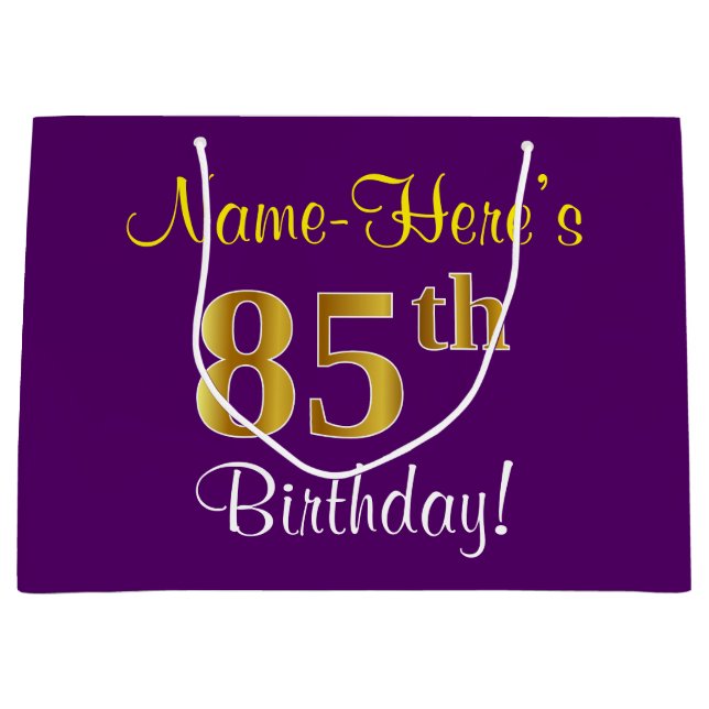 Elegant, Purple, Faux Gold 85th Birthday + Name Large Gift Bag (Front)
