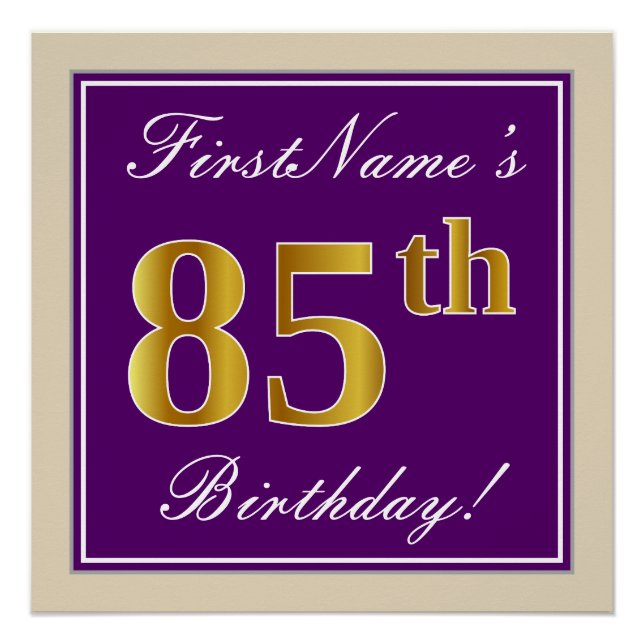 Elegant, Purple, Faux Gold 85th Birthday + Name Poster (Front)
