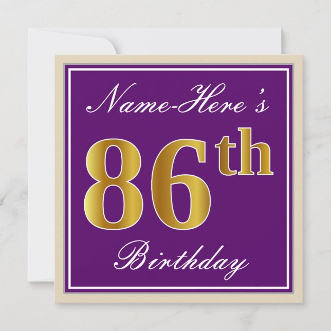 Elegant, Purple, Faux Gold 86th Birthday + Name Invitation (Front)