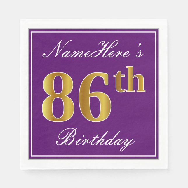 Elegant Purple, Faux Gold 86th Birthday + Name Napkin (Front)