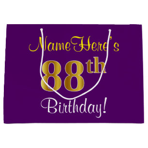 Elegant, Purple, Faux Gold 88th Birthday + Name Large Gift Bag