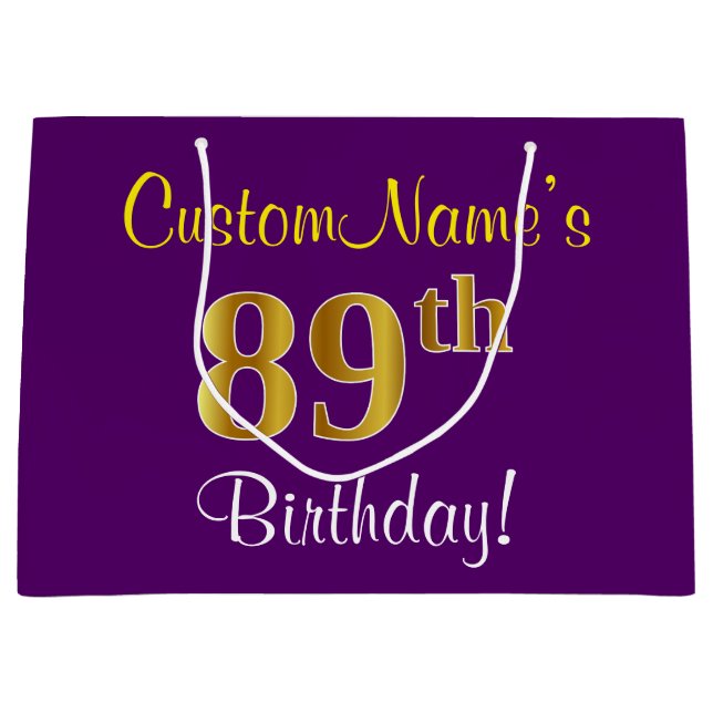 Elegant, Purple, Faux Gold 89th Birthday + Name Large Gift Bag (Front)