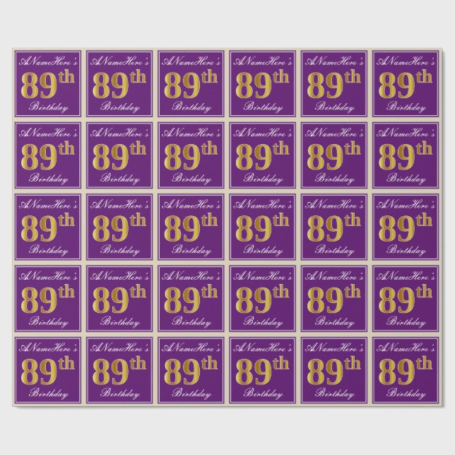 Elegant, Purple, Faux Gold 89th Birthday + Name Wrapping Paper (Flat)