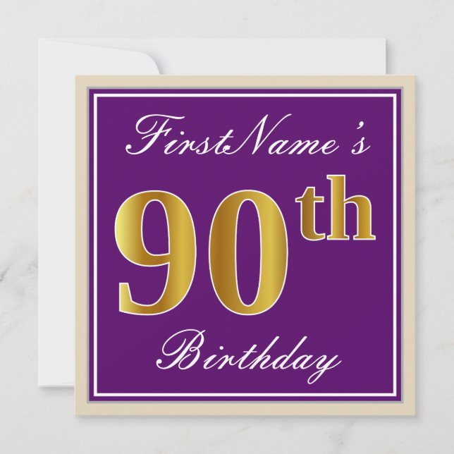 Elegant, Purple, Faux Gold 90th Birthday + Name Invitation (Front)