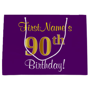 Elegant, Purple, Faux Gold 90th Birthday + Name Large Gift Bag