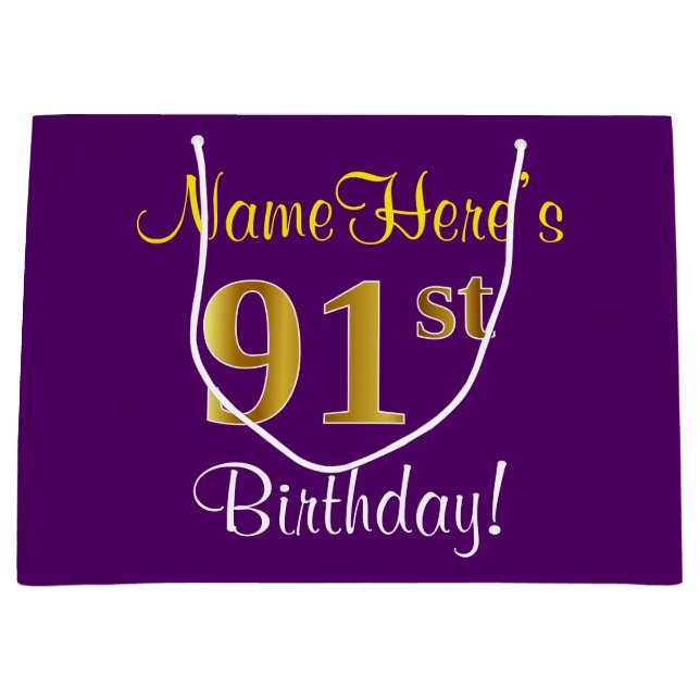 Elegant, Purple, Faux Gold 91st Birthday + Name Large Gift Bag (Front)