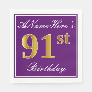 Elegant Purple, Faux Gold 91st Birthday + Name Napkin