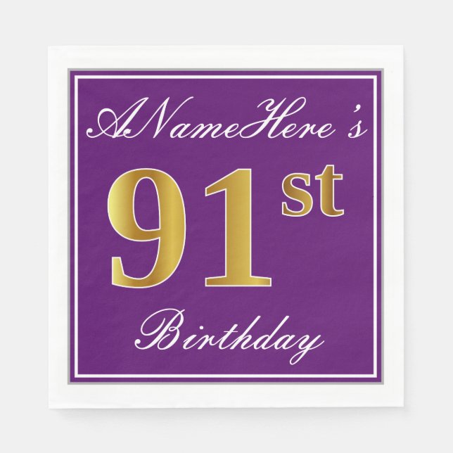 Elegant Purple, Faux Gold 91st Birthday + Name Napkin (Front)