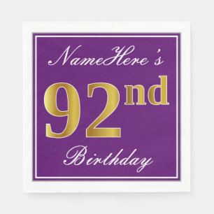 Elegant Purple, Faux Gold 92nd Birthday + Name Napkin