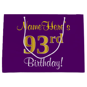Elegant, Purple, Faux Gold 93rd Birthday + Name Large Gift Bag