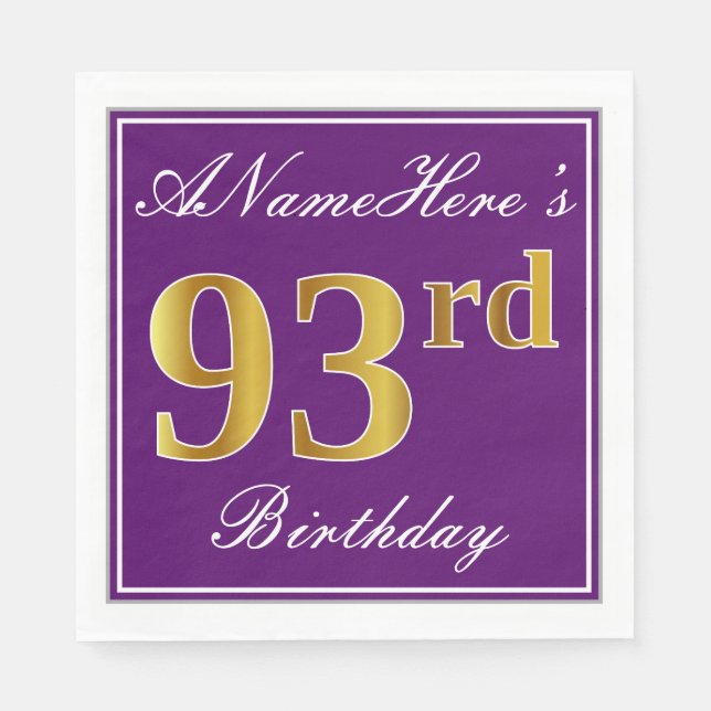Elegant Purple, Faux Gold 93rd Birthday + Name Napkin (Front)