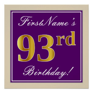 Elegant, Purple, Faux Gold 93rd Birthday + Name Poster