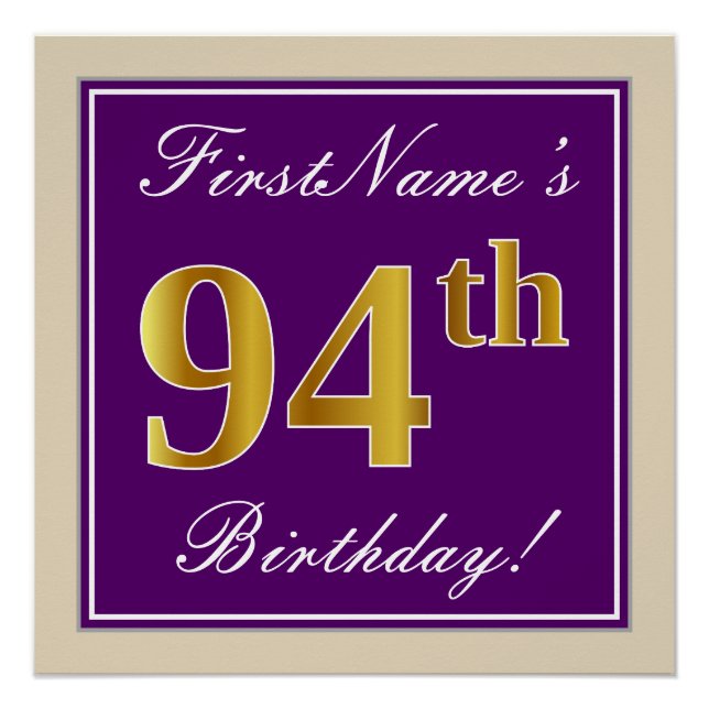 Elegant, Purple, Faux Gold 94th Birthday + Name Poster (Front)