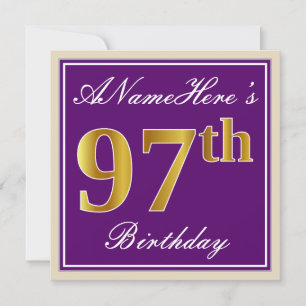 Elegant, Purple, Faux Gold 97th Birthday + Name Invitation