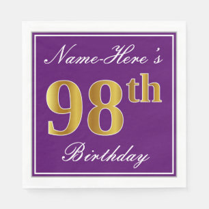 Elegant Purple, Faux Gold 98th Birthday + Name Napkin