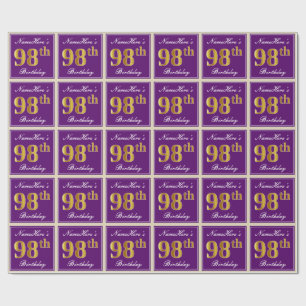 Elegant, Purple, Faux Gold 98th Birthday + Name Wrapping Paper
