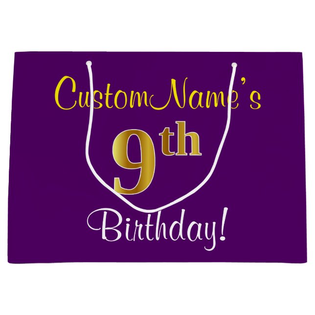 Elegant, Purple, Faux Gold 9th Birthday + Name Large Gift Bag (Front)