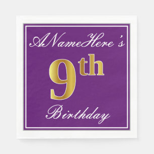 Elegant Purple, Faux Gold 9th Birthday + Name Napkin