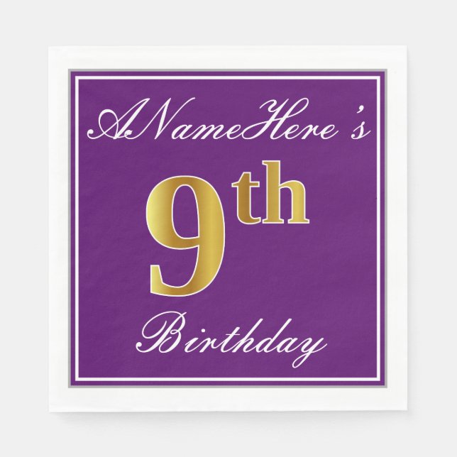 Elegant Purple, Faux Gold 9th Birthday + Name Napkin (Front)