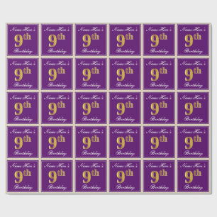 Elegant, Purple, Faux Gold 9th Birthday + Name Wrapping Paper