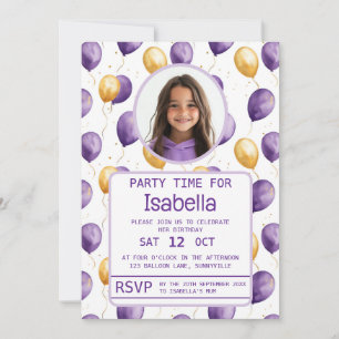 Elegant Purple Faux Gold Balloons Birthday Invitation