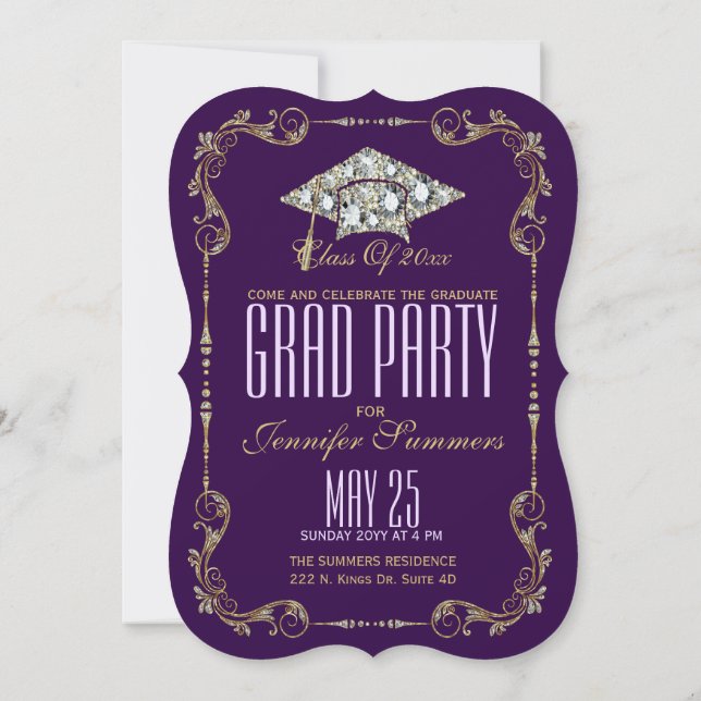 Elegant Purple, Faux Gold & Diamonds Floral Frame Invitation (Back)