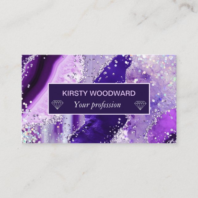 Elegant Purple Faux Holo Glitter Agate Business Card (Front)