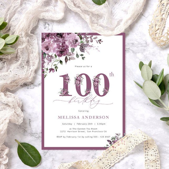 Elegant Purple Floral 100th Birthday Invitation (Creator Uploaded)