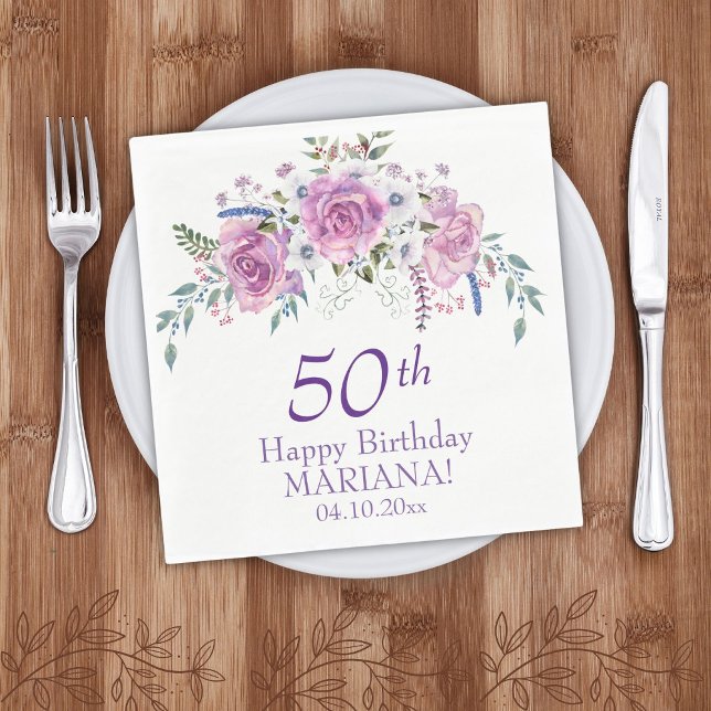 Elegant Purple Floral 50 60 Any Age Birthday Party Napkin (Creator Uploaded)
