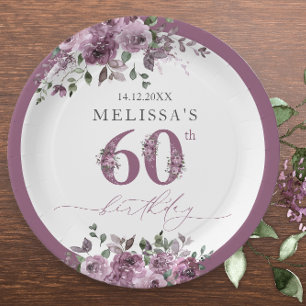 Elegant Purple Floral 60th Birthday Paper Plate