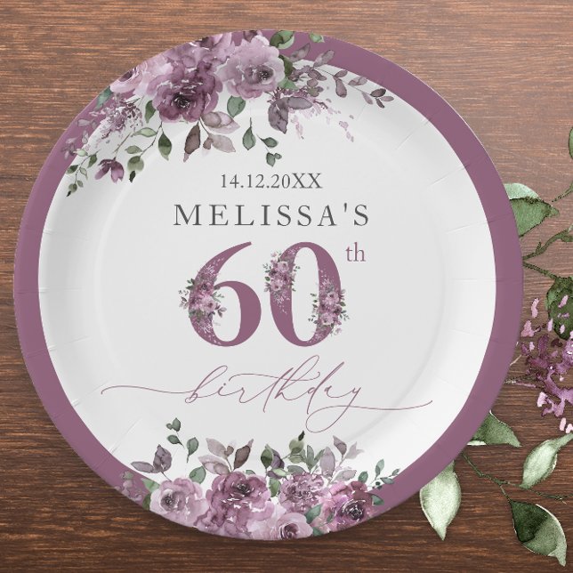 Elegant Purple Floral 60th Birthday Paper Plate (Creator Uploaded)