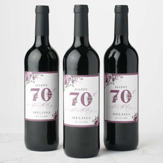 Elegant Purple Floral 70th Birthday Party Wine Label (Bottles)