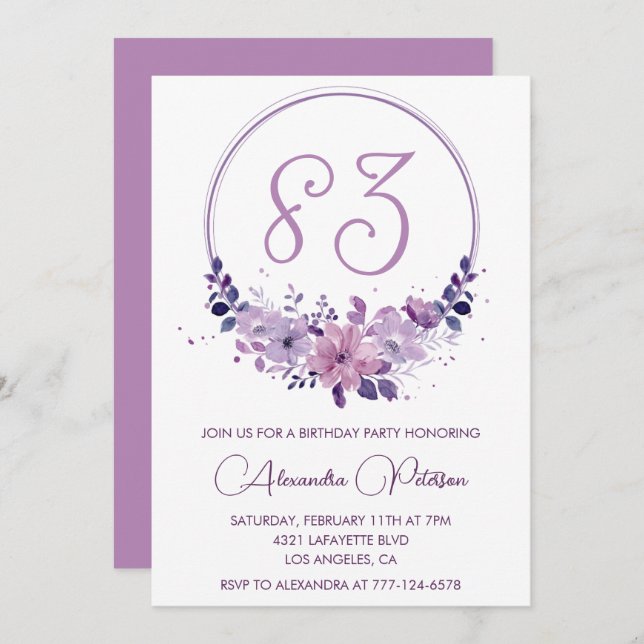 Elegant Purple Floral 83rd birthday Invitation (Front/Back)