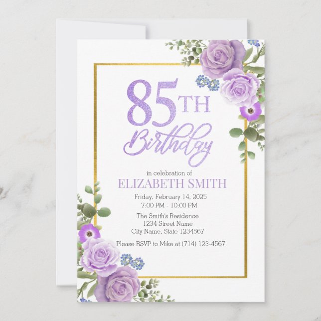 Elegant Purple Floral 85th Birthday Invitation  (Front)
