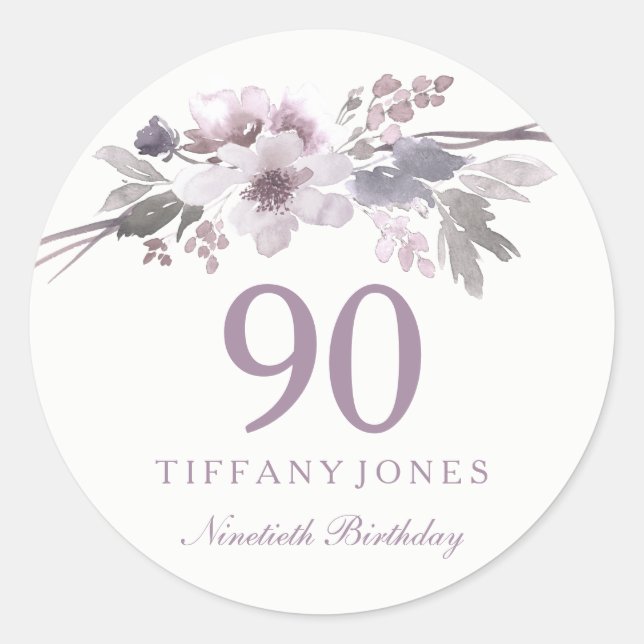Elegant Purple Floral 90th Birthday Party Classic Round Sticker (Front)