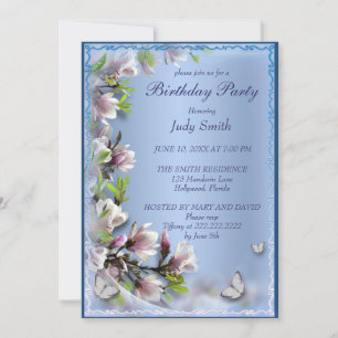Elegant Purple Floral And Butterfly Birthday Invitation