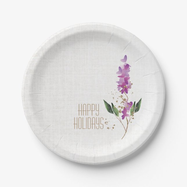 Elegant Purple Floral and Glitter Glam Party  Paper Plate (Front)
