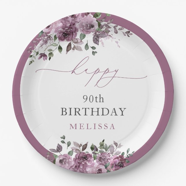 Elegant Purple Floral Any Age Birthday Paper Plate (Front)