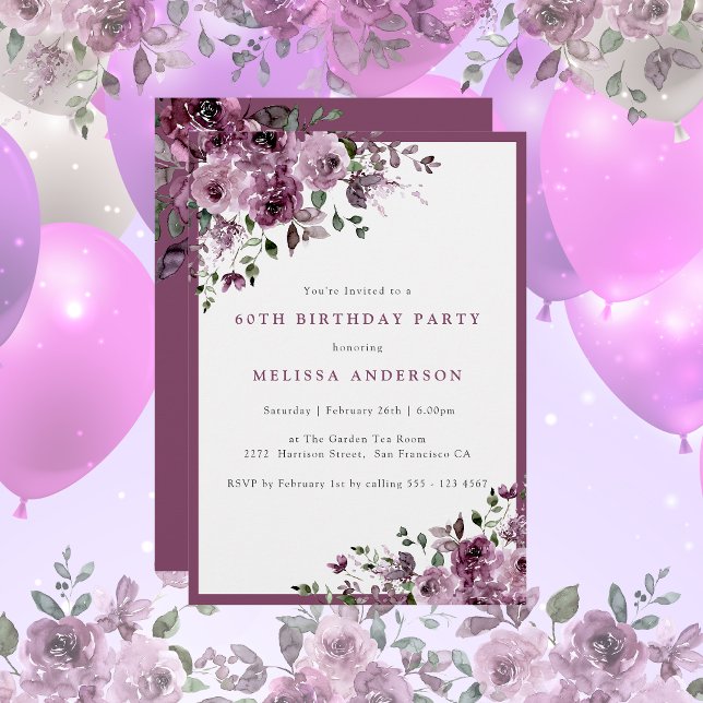 Elegant Purple Floral Any Age Birthday Party Invitation (Creator Uploaded)